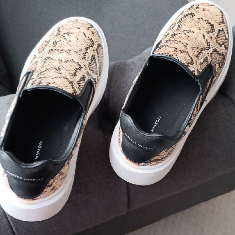 Rebecca Minkoff Beige and Black Snake Print Loafers
